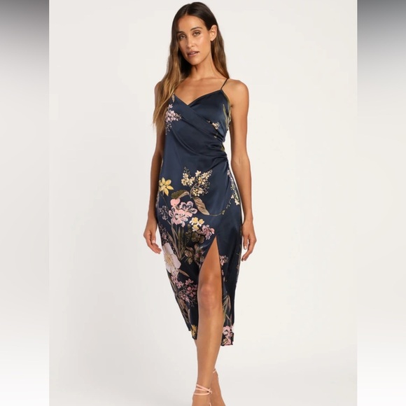 Lulus Dresses & Skirts - Navy Blue Floral Satin MIDI Dress Lulus